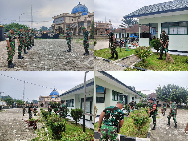 Selesai Apel Pagi, Anggota Koramil 10/TM Melaksanakan Pembersihan Pangkalan Kantor Koramil