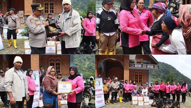 Kapolres Tanah Karo dan Ketua Bhayangkari Cabang Tanah Karo, Salurkan Bantuan Untuk Korban Longsor Desa Semangat Gunung