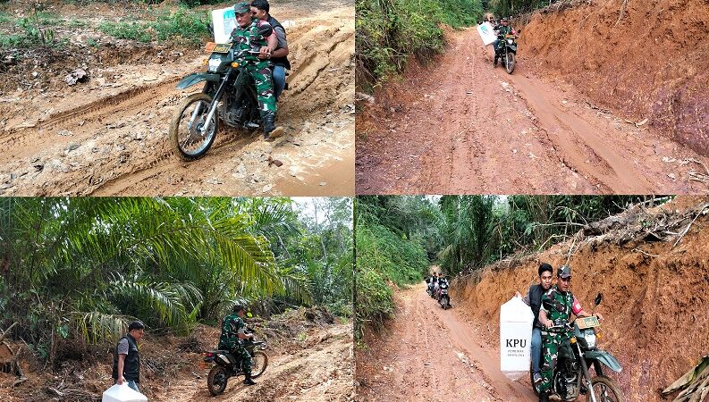 Babinsa Koramil 13/AN Kawal Distribusi Logistik Pilkada Melalui Jalan Becek dan Curam dengan Sepeda Motor