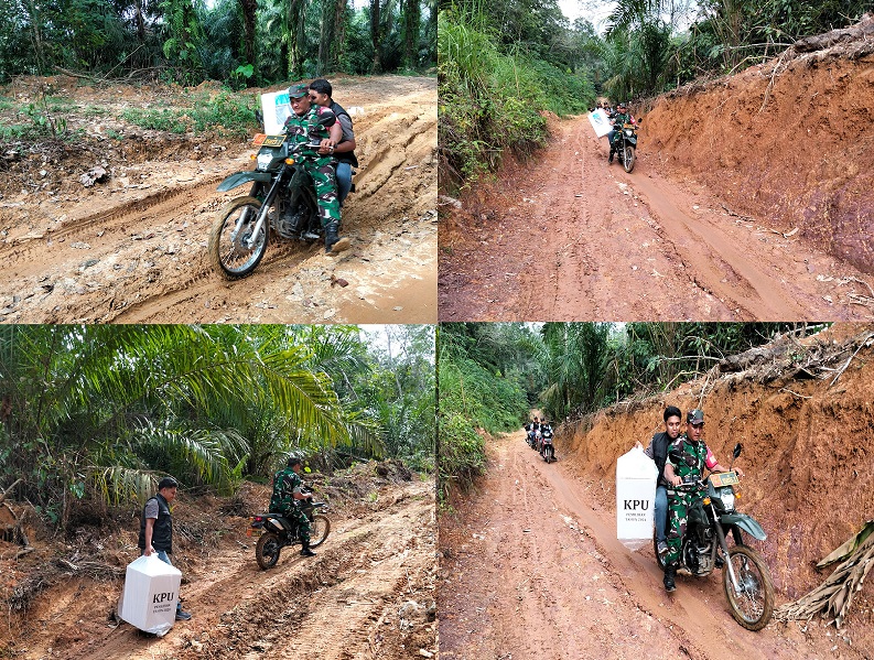 Babinsa Koramil 13/AN Kawal Distribusi Logistik Pilkada Melalui Jalan Becek dan Curam dengan Sepeda Motor