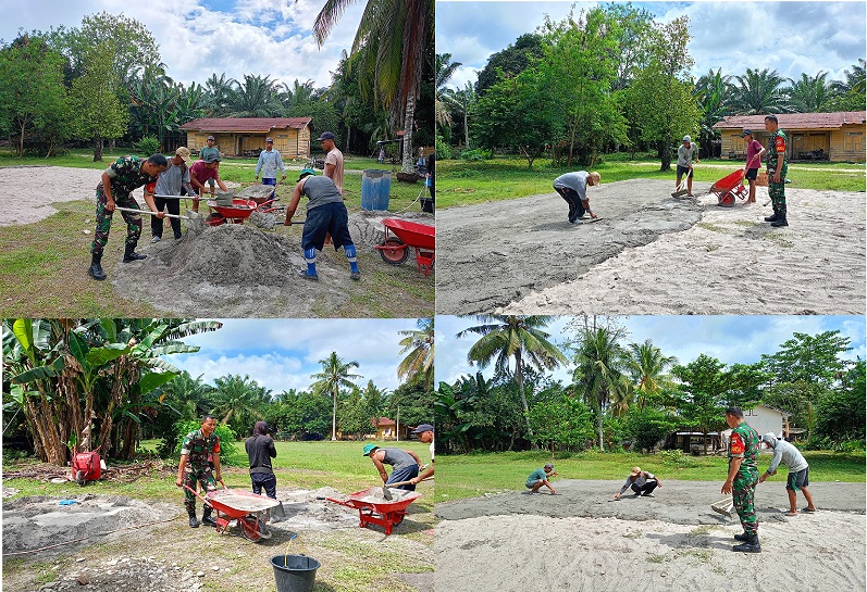 Babinsa Koramil 13/AN Bantu Masyarakat Bangun Lapangan Volly