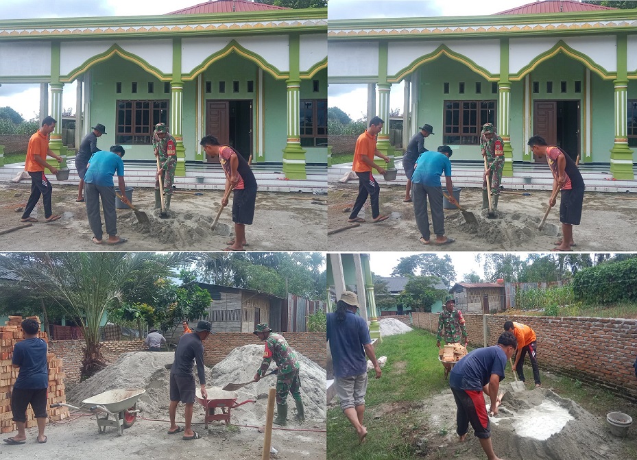 Babinsa Koramil 02/Sidikalang dan Warga Bersatu dalam Gotong Royong Bangun Pagar Masjid Abdul Manaf