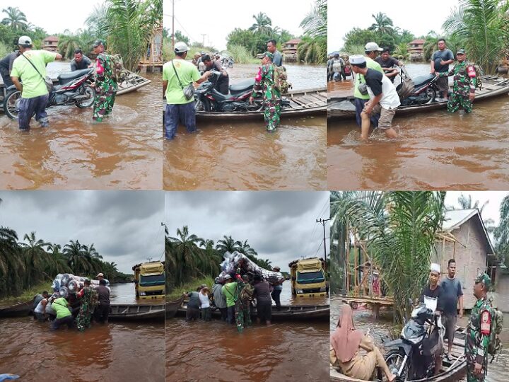 Banjir Melanda Desa Tanjung Mulia, Babinsa Koramil 10/TM Bantu Warga Yang Lalui Jalan Putus