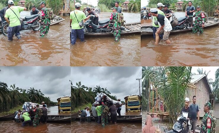 Banjir Melanda Desa Tanjung Mulia, Babinsa Koramil 10/TM Bantu Warga Yang Lalui Jalan Putus