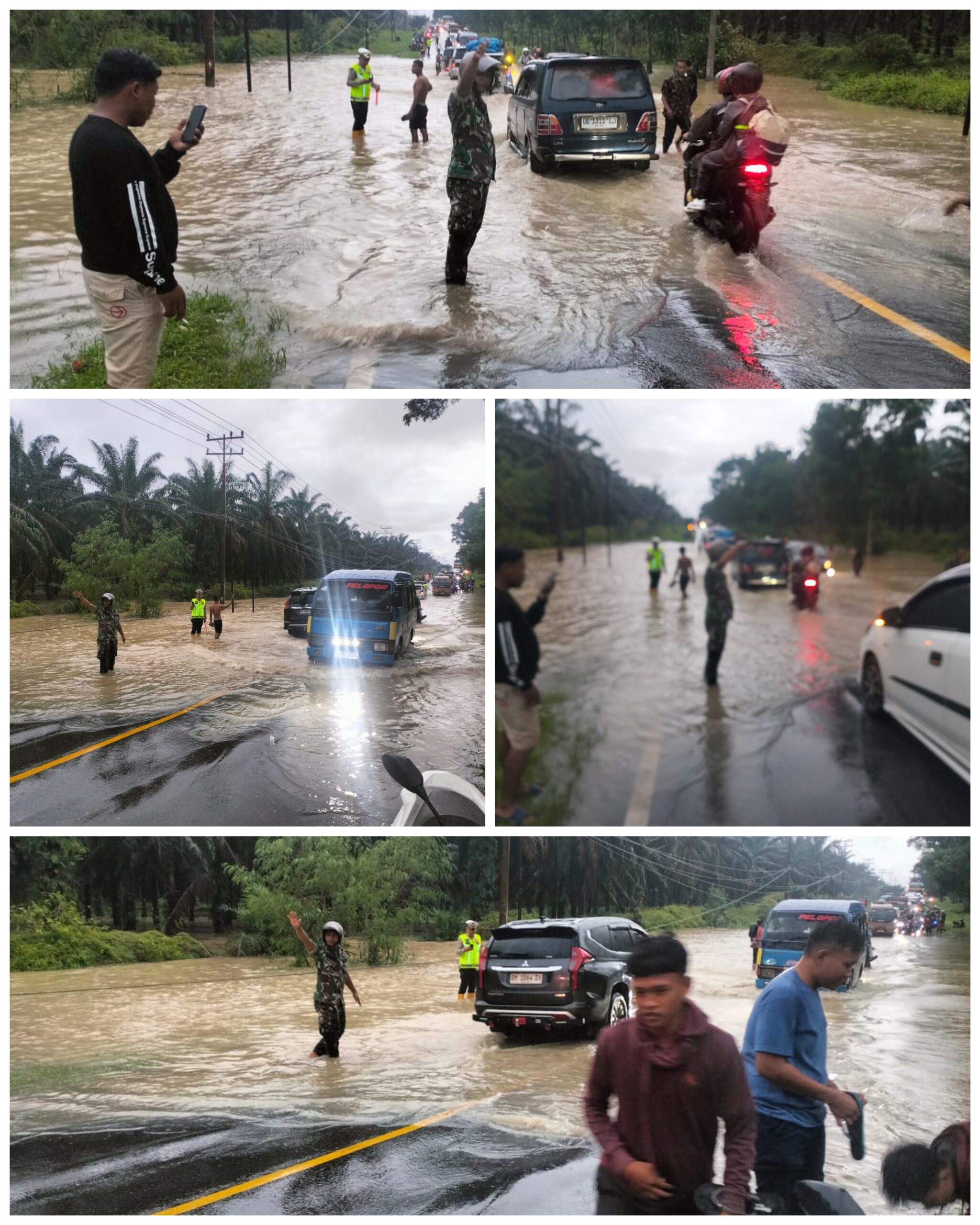 Banjir Landa Jalan Lintas Simpang Marbau, Babinsa dan Polsek Turun Tangan Atasi Kemacetan
