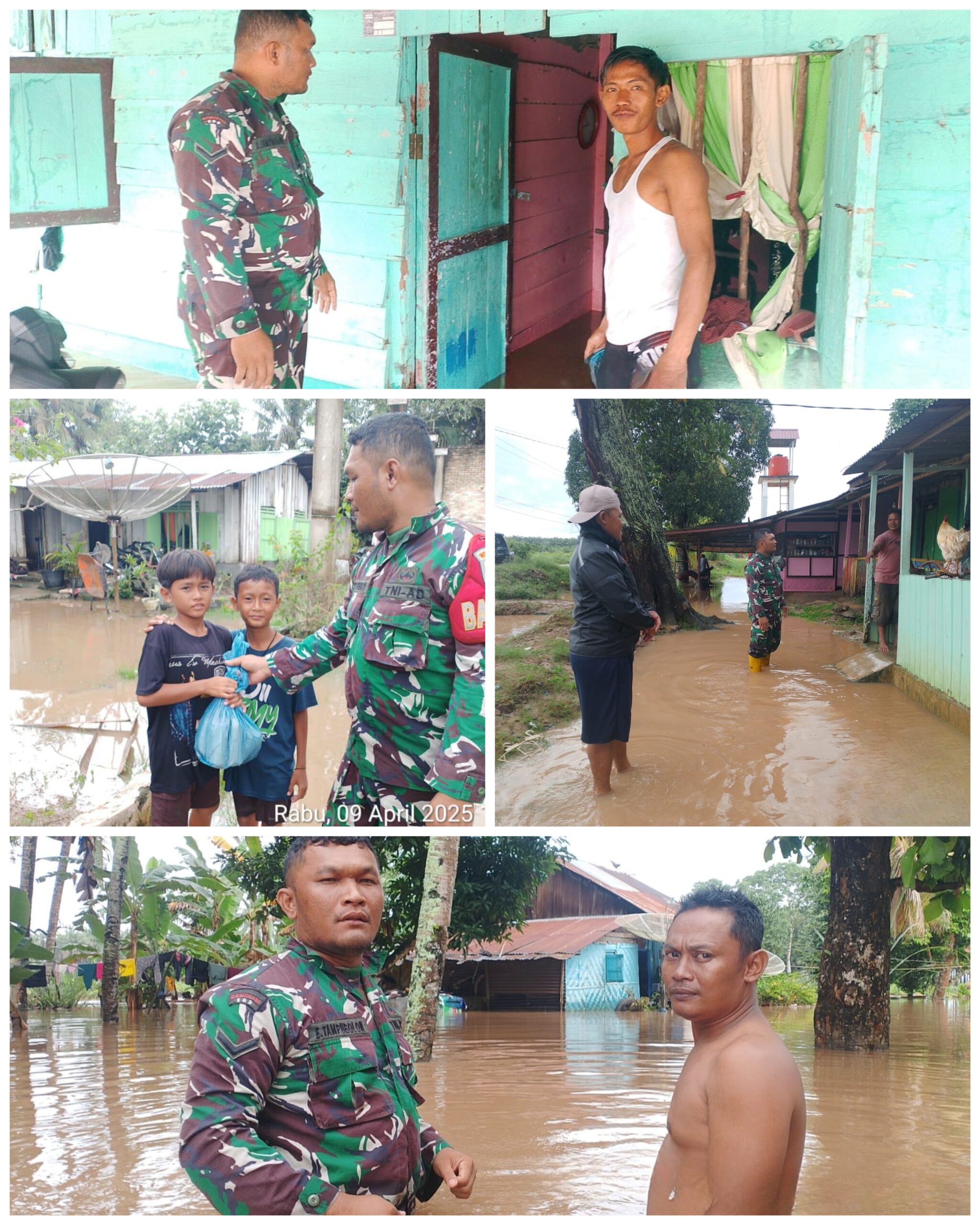 Babinsa Koramil 13/AN Turut Hadir Mengatasi Banjir dan Berikan Makan Siang Untuk Warga Terdampak