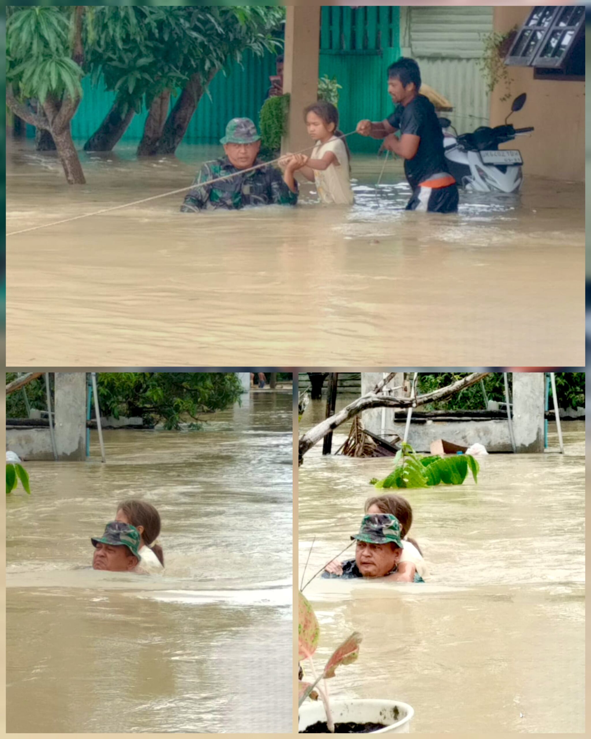 Babinsa Koramil 13/AN Terjun Langsung Evakuasi Warga Terdampak Banjir