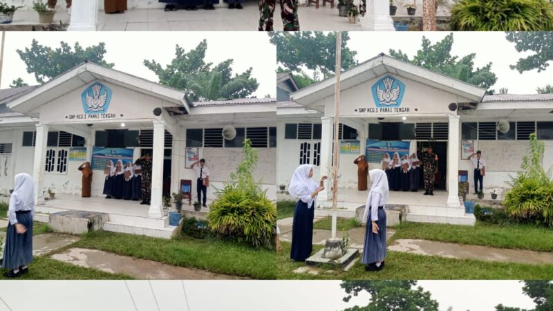 Babinsa Koramil 04/L.Bilik Bertindak Selaku Pembina Upacara Pada Penaikan Bendera di SMP N 1 Panai Tengah