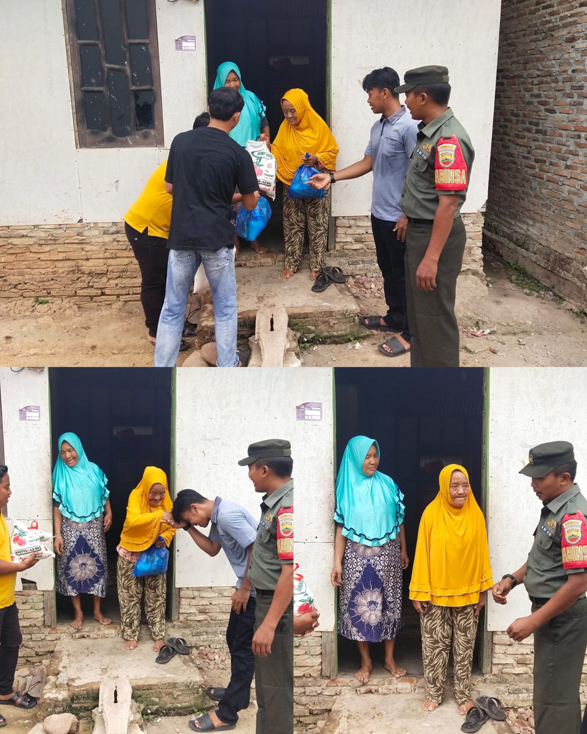 Babinsa dan Anak Muda Membantu Pembagian Sembako Gratis Kepada Warga Kurang Mampu Didesa Binaan